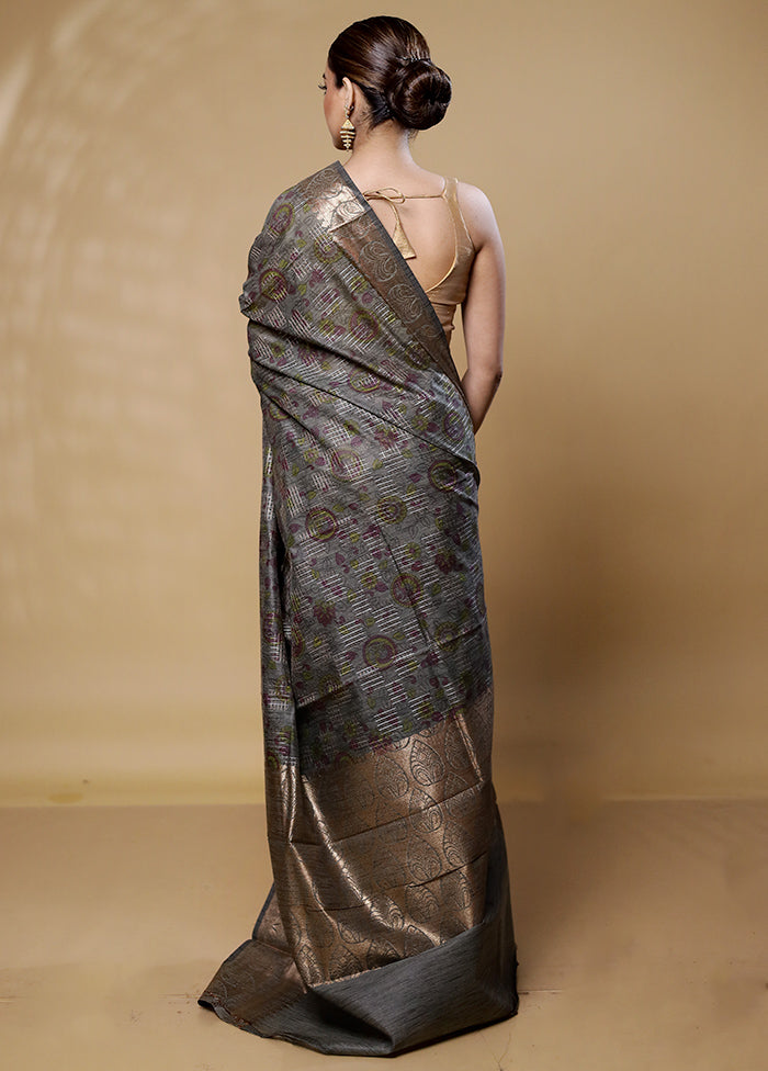 Grey Tussar Silk Saree With Blouse Piece