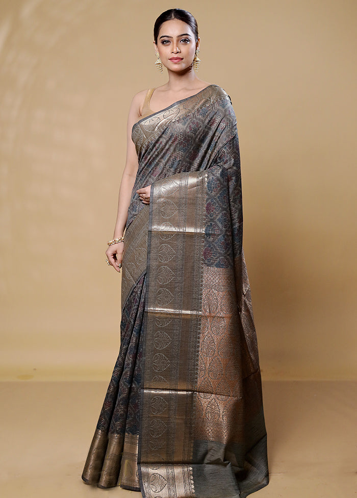 Grey Tussar Silk Saree With Blouse Piece