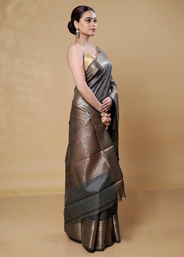 Grey Tussar Silk Saree With Blouse Piece