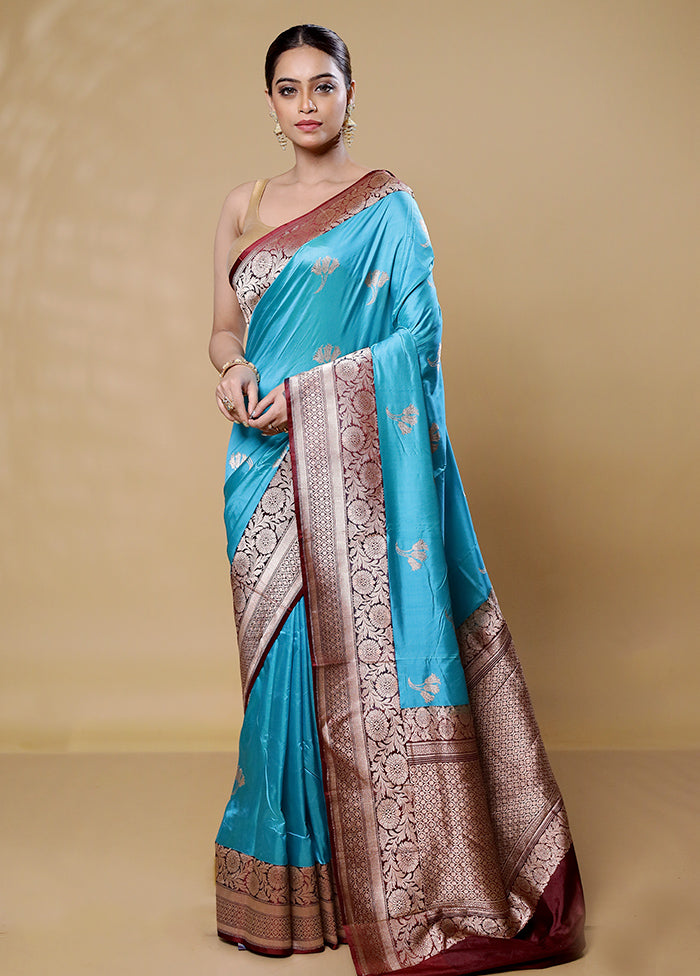 Blue Handloom Katan Pure Silk Saree With Blouse Piece