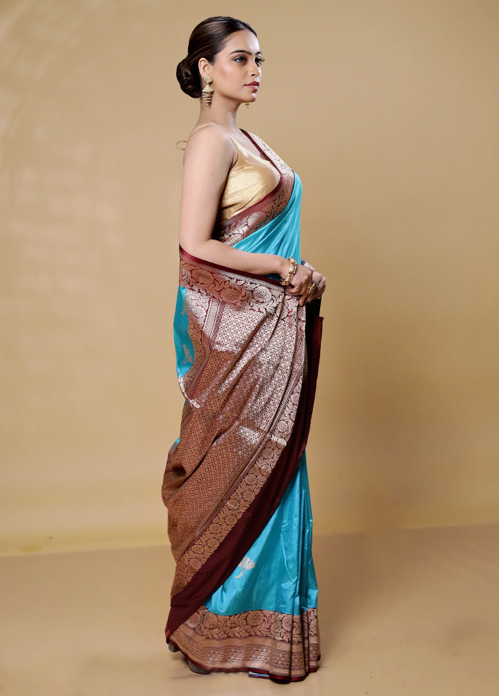 Blue Handloom Katan Pure Silk Saree With Blouse Piece