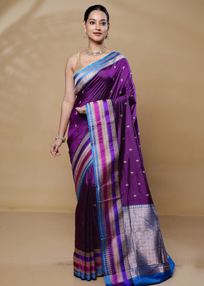 Purple Handloom Katan Pure Silk Saree With Blouse Piece