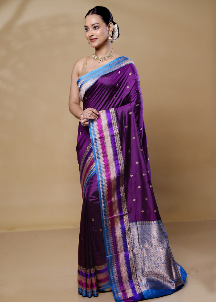 Purple Handloom Katan Pure Silk Saree With Blouse Piece