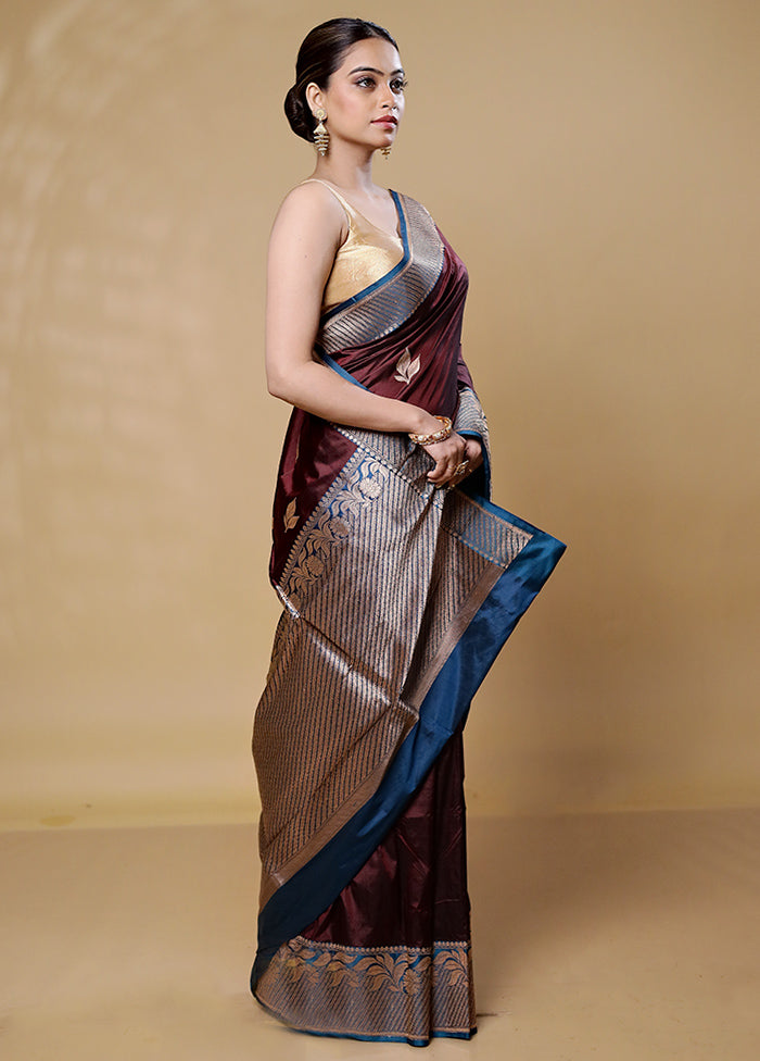 Maroon Handloom Katan Pure Silk Saree With Blouse Piece