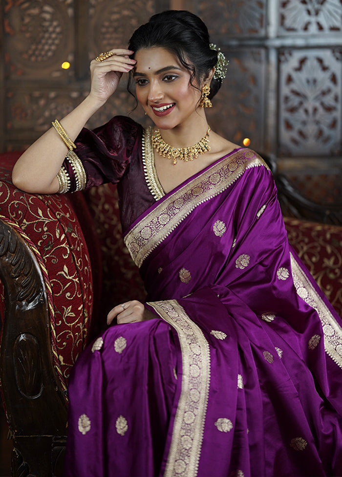 Purple Handloom Katan Pure Silk Saree With Blouse Piece