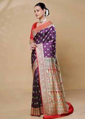 Purple Handloom Tanchoi Pure Silk Saree With Blouse Piece