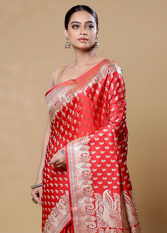 Red Handloom Banarasi Pure Silk Saree With Blouse Piece