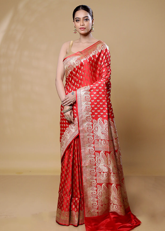 Red Handloom Banarasi Pure Silk Saree With Blouse Piece