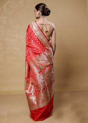 Red Handloom Banarasi Pure Silk Saree With Blouse Piece