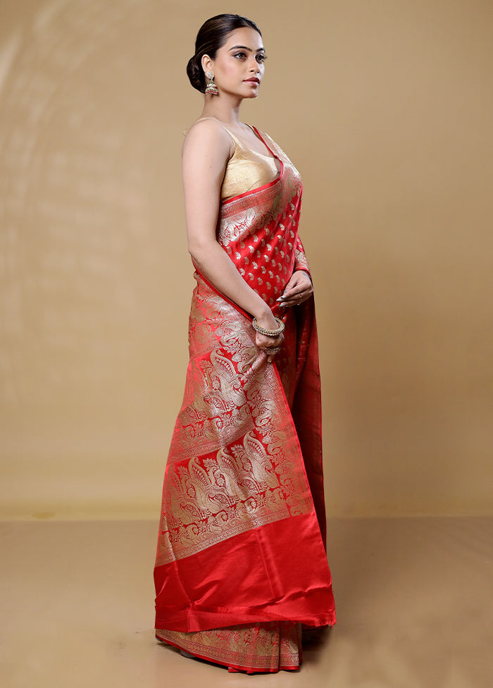 Red Handloom Banarasi Pure Silk Saree With Blouse Piece