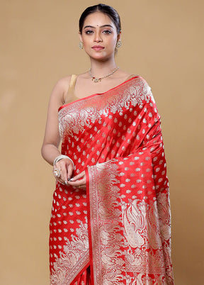 Red Handloom Banarasi Pure Silk Saree With Blouse Piece