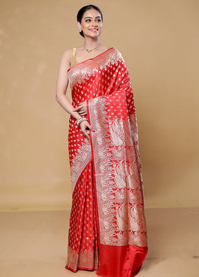 Red Handloom Banarasi Pure Silk Saree With Blouse Piece