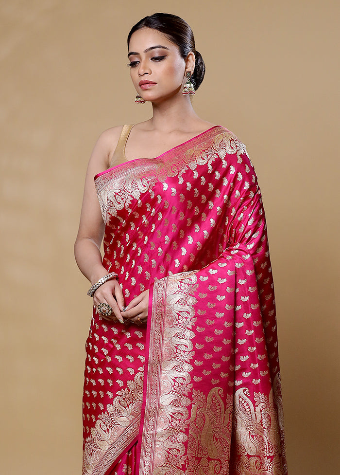 Pink Handloom Banarasi Pure Silk Saree With Blouse Piece