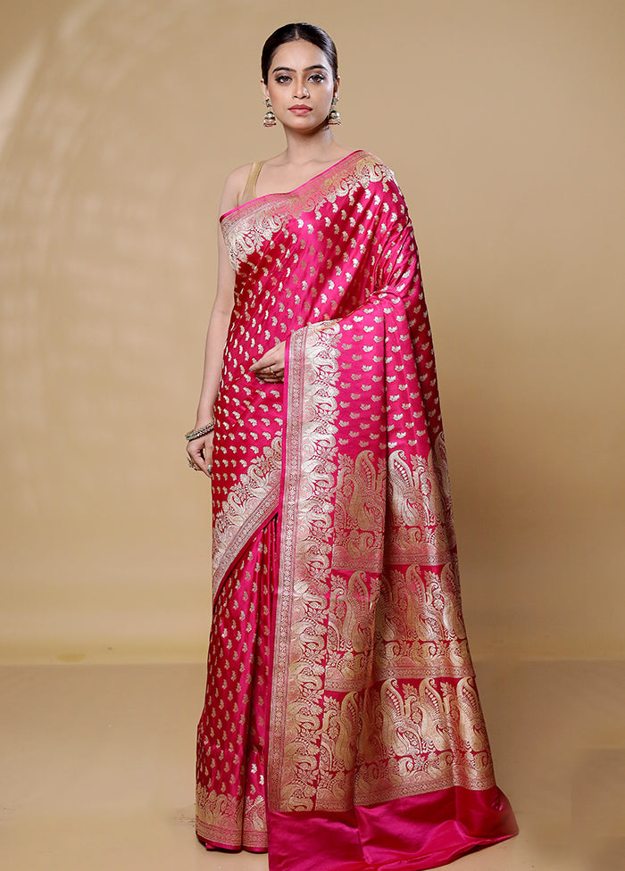 Pink Handloom Banarasi Pure Silk Saree With Blouse Piece