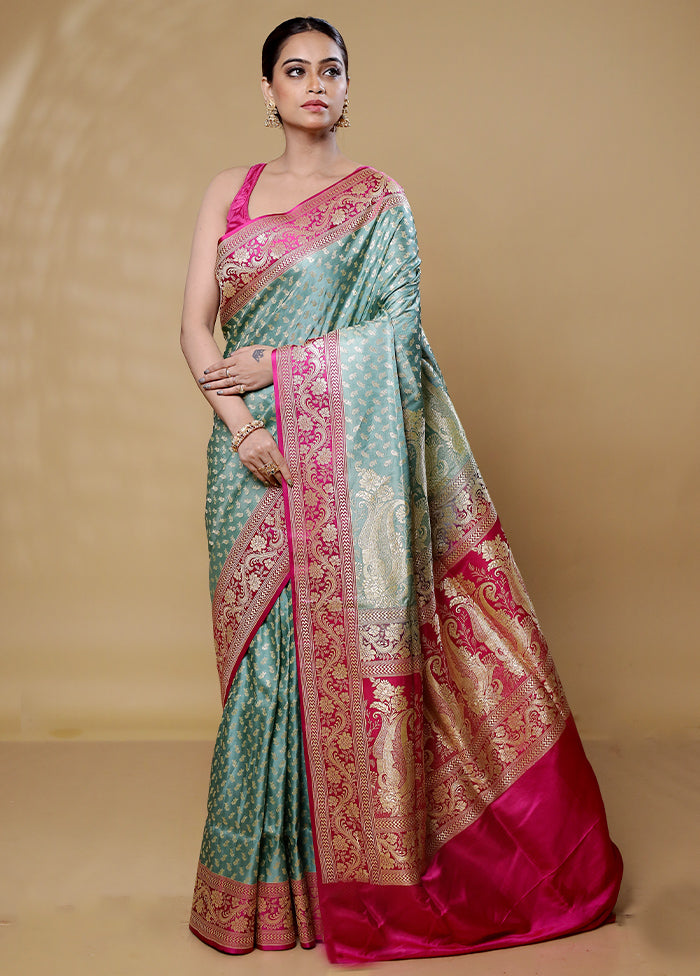 Green Handloom Banarasi Pure Silk Saree With Blouse Piece