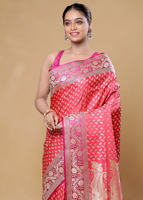 Pink Handloom Banarasi Pure Silk Saree With Blouse Piece