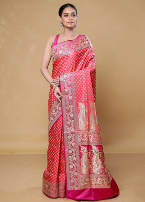 Pink Handloom Banarasi Pure Silk Saree With Blouse Piece