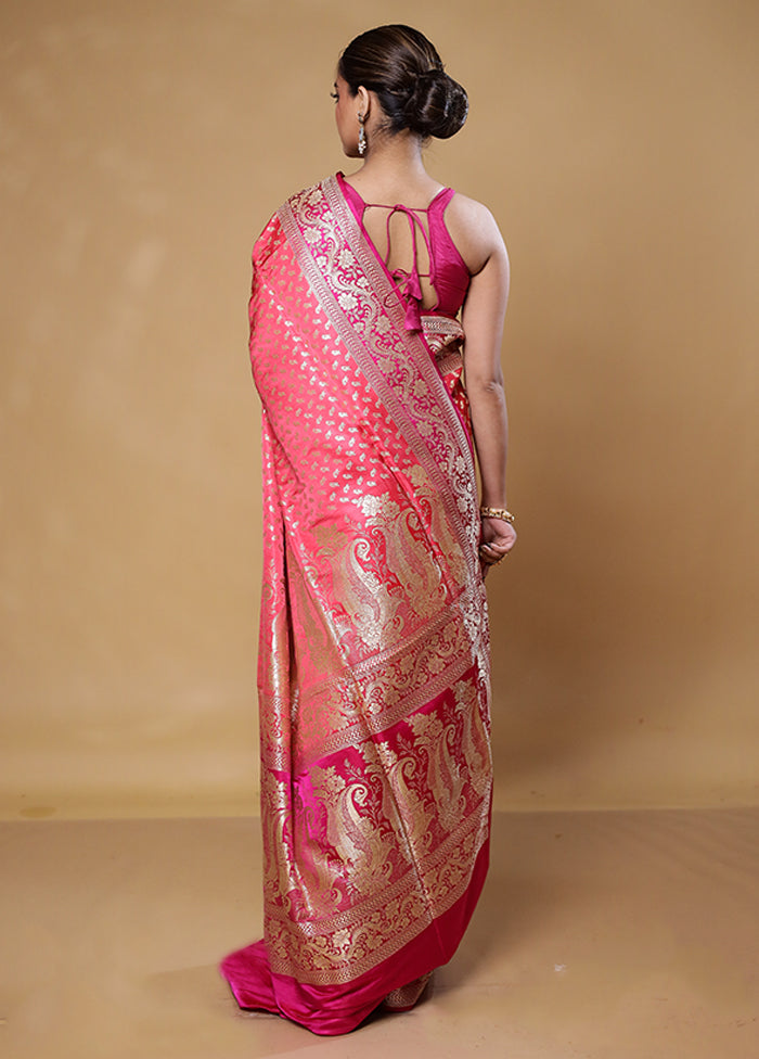 Pink Handloom Banarasi Pure Silk Saree With Blouse Piece