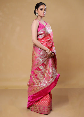 Pink Handloom Banarasi Pure Silk Saree With Blouse Piece