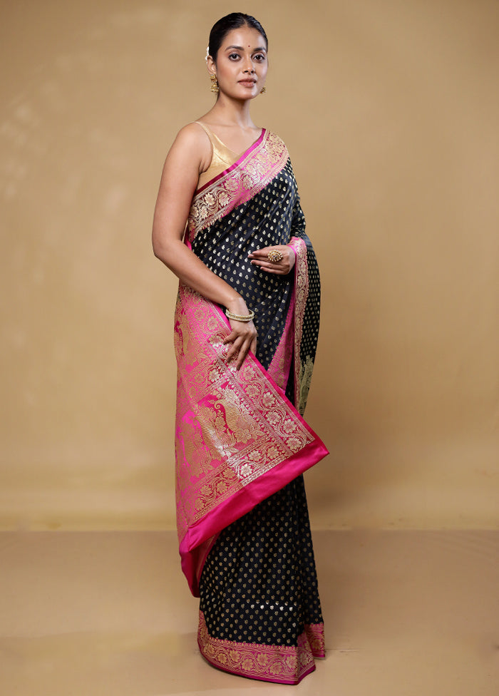 Black Handloom Banarasi Pure Silk Saree With Blouse Piece