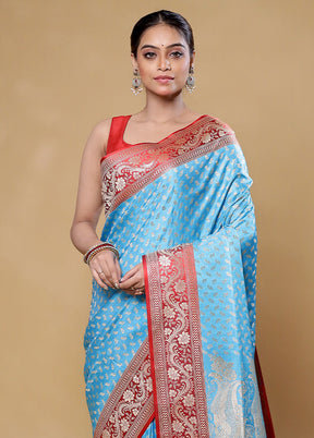 Blue Handloom Banarasi Pure Silk Saree With Blouse Piece