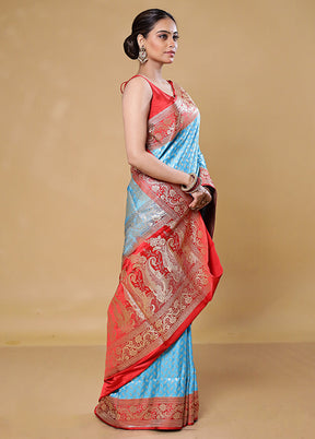 Blue Handloom Banarasi Pure Silk Saree With Blouse Piece