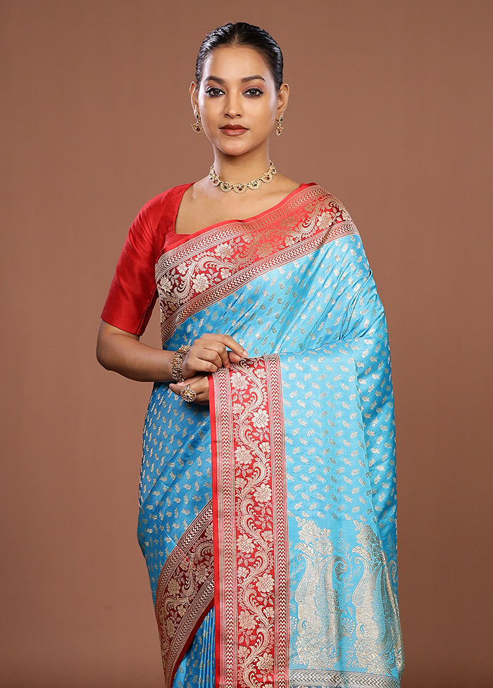 Blue Handloom Banarasi Pure Silk Saree With Blouse Piece