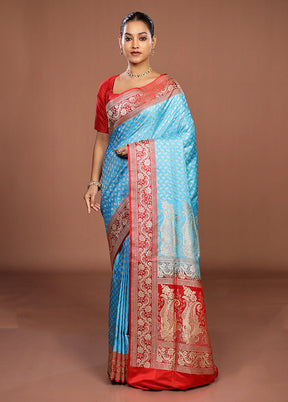 Blue Handloom Banarasi Pure Silk Saree With Blouse Piece