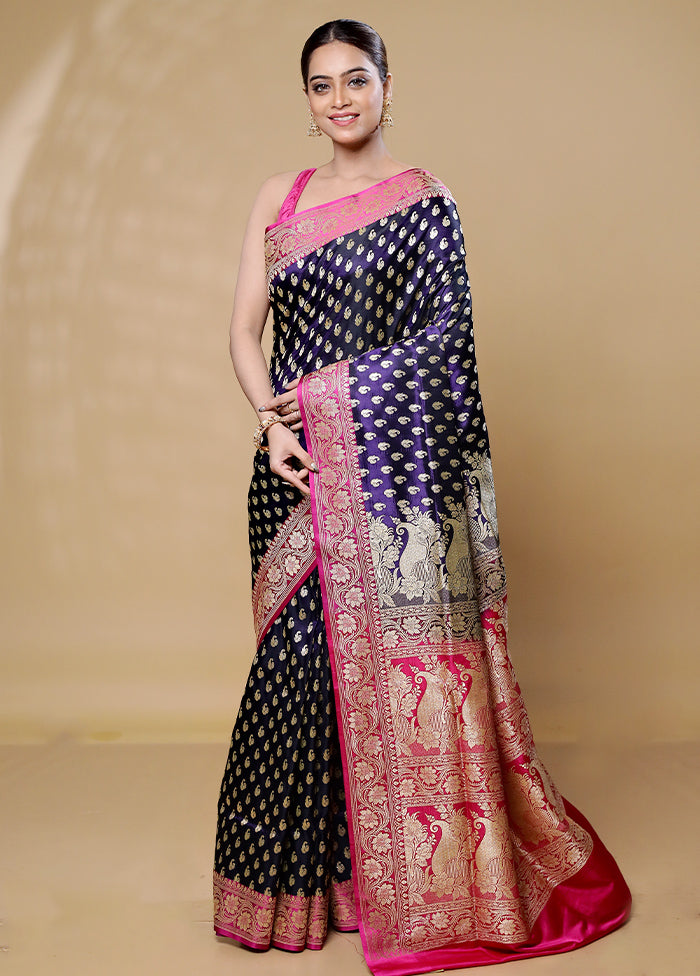 Violet Handloom Banarasi Pure Silk Saree With Blouse Piece