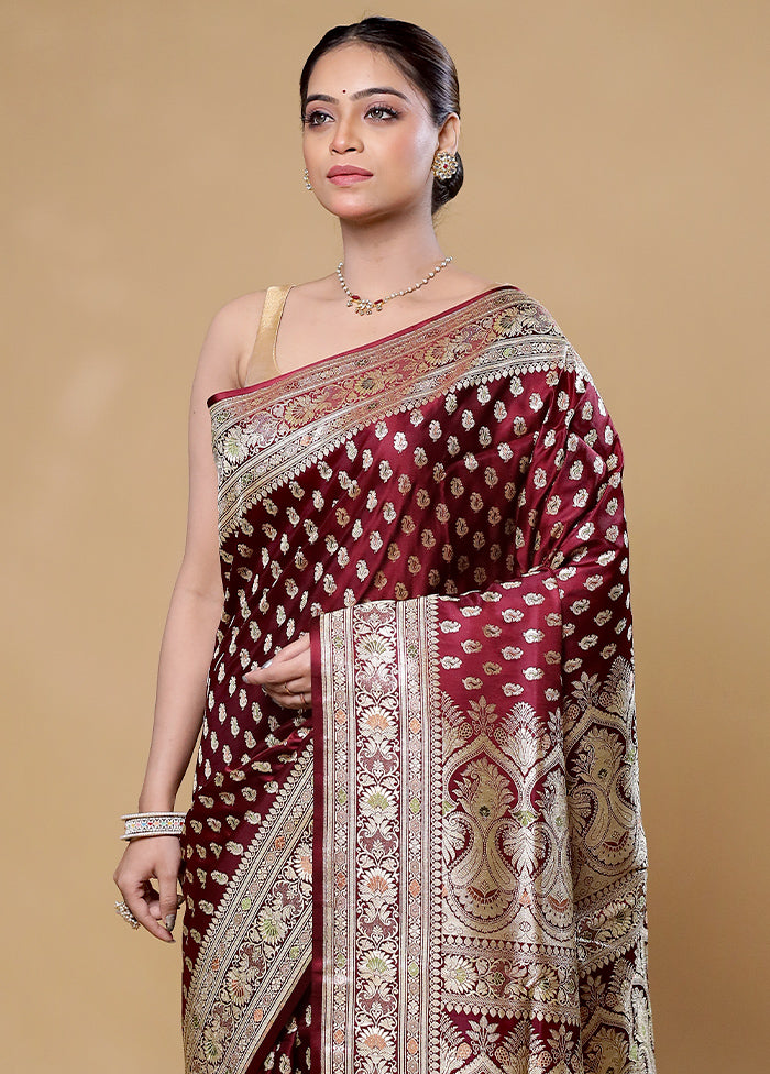 Maroon Handloom Banarasi Pure Silk Saree With Blouse Piece