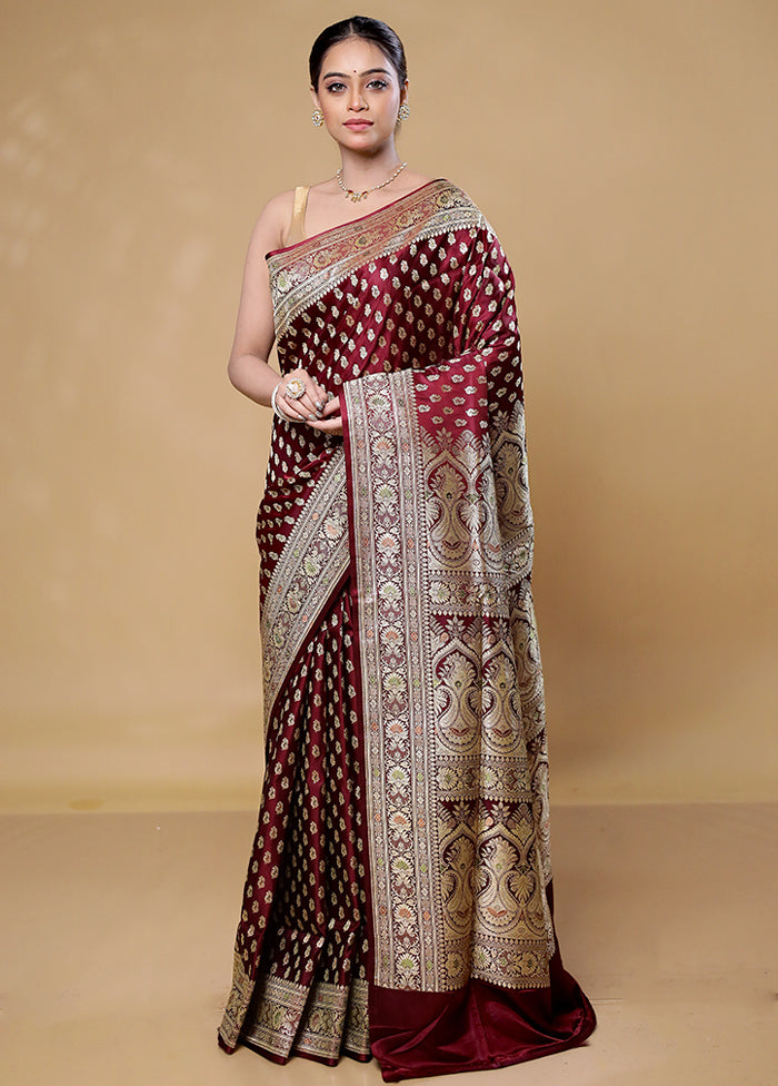 Maroon Handloom Banarasi Pure Silk Saree With Blouse Piece