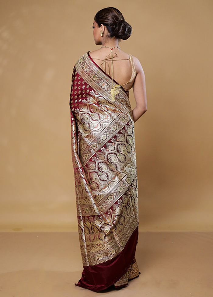 Maroon Handloom Banarasi Pure Silk Saree With Blouse Piece