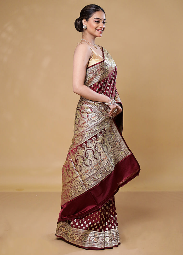 Maroon Handloom Banarasi Pure Silk Saree With Blouse Piece