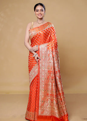 Orange Handloom Banarasi Pure Silk Saree With Blouse Piece