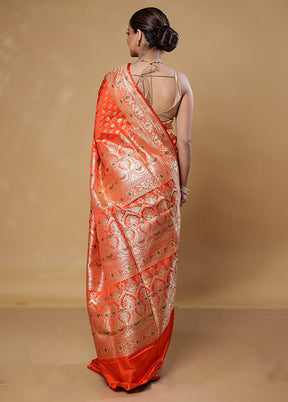 Orange Handloom Banarasi Pure Silk Saree With Blouse Piece