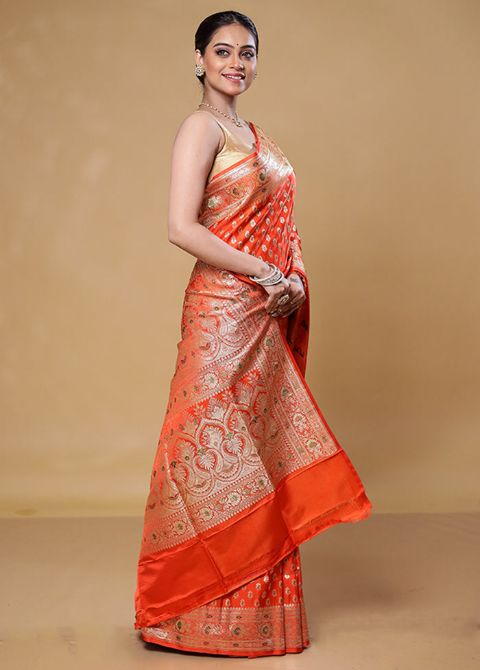 Orange Handloom Banarasi Pure Silk Saree With Blouse Piece