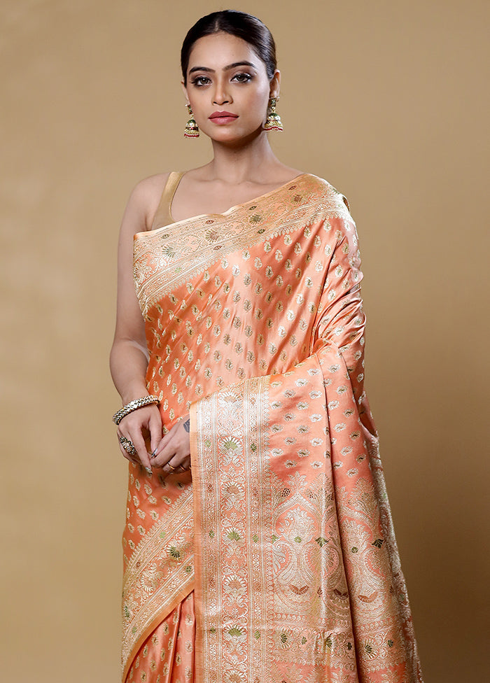 Peach Handloom Banarasi Pure Silk Saree With Blouse Piece