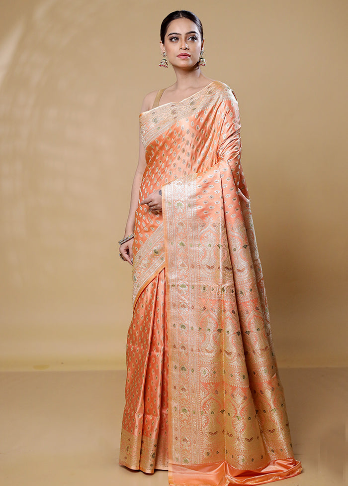 Peach Handloom Banarasi Pure Silk Saree With Blouse Piece