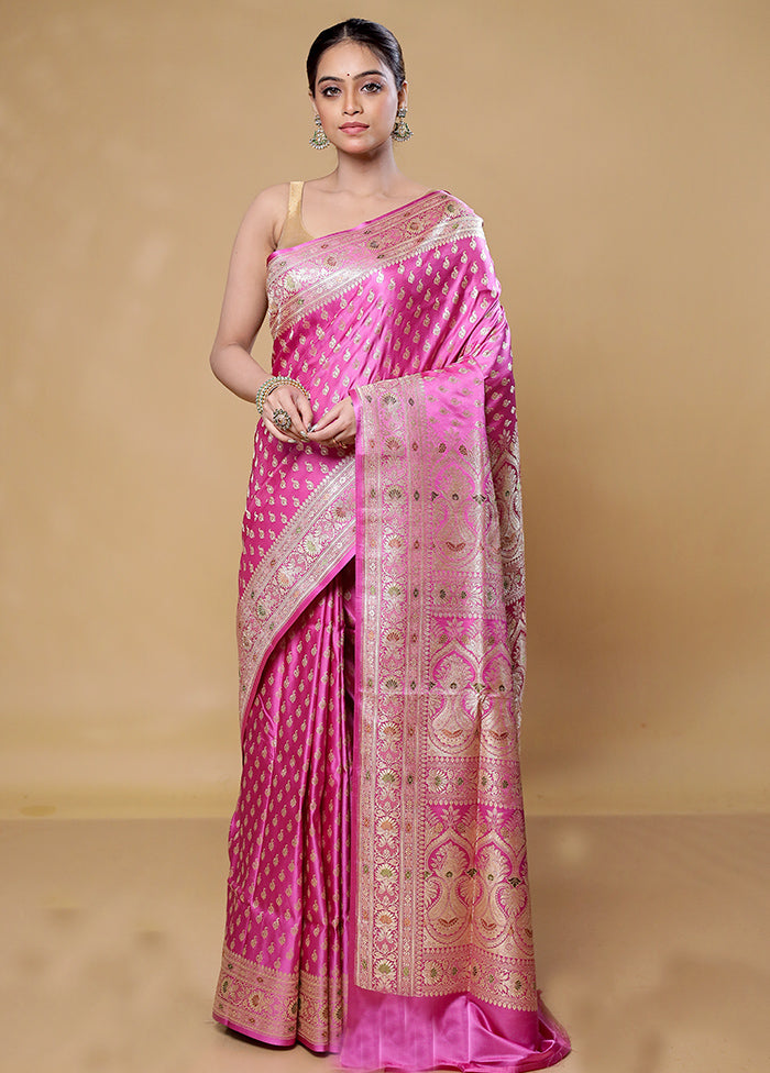 Pink Handloom Banarasi Pure Silk Saree With Blouse Piece