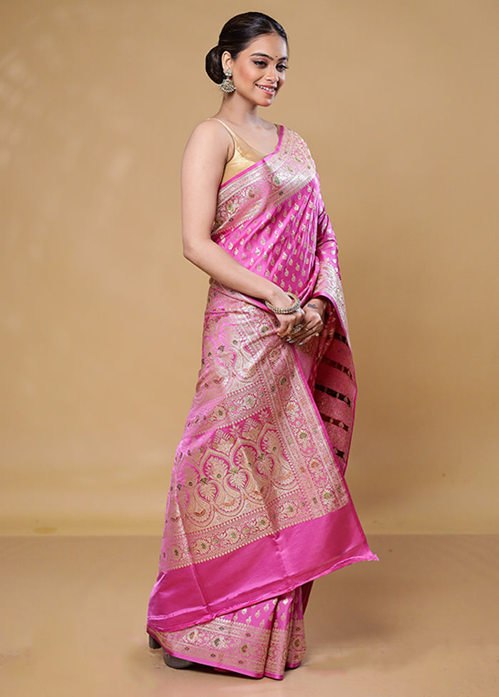 Pink Handloom Banarasi Pure Silk Saree With Blouse Piece