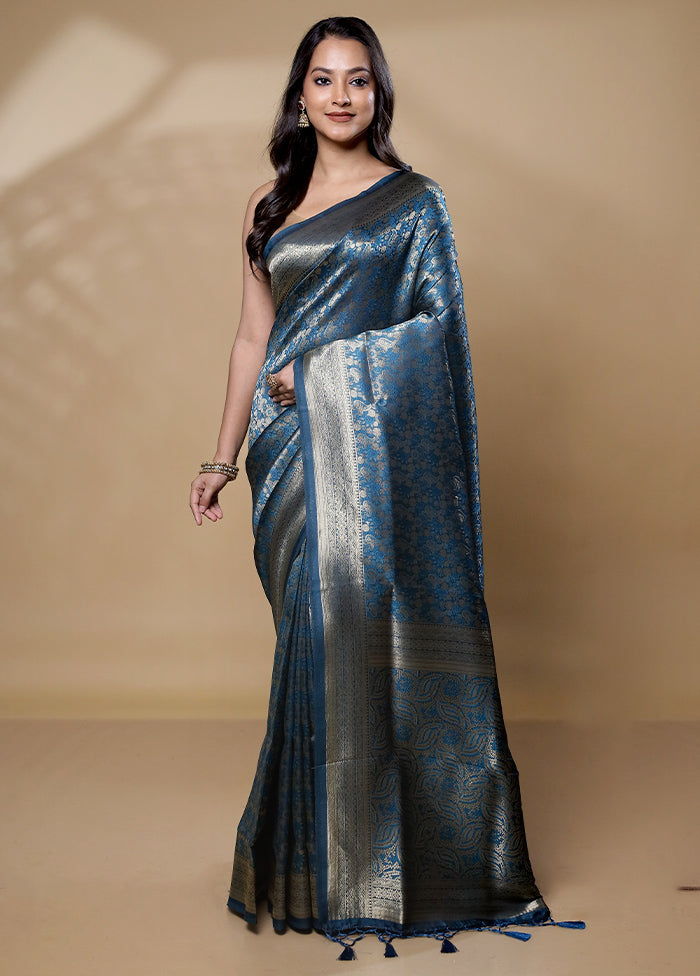 Blue Dupion Silk Saree With Blouse Piece