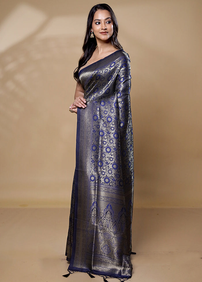 Blue Dupion Silk Saree With Blouse Piece