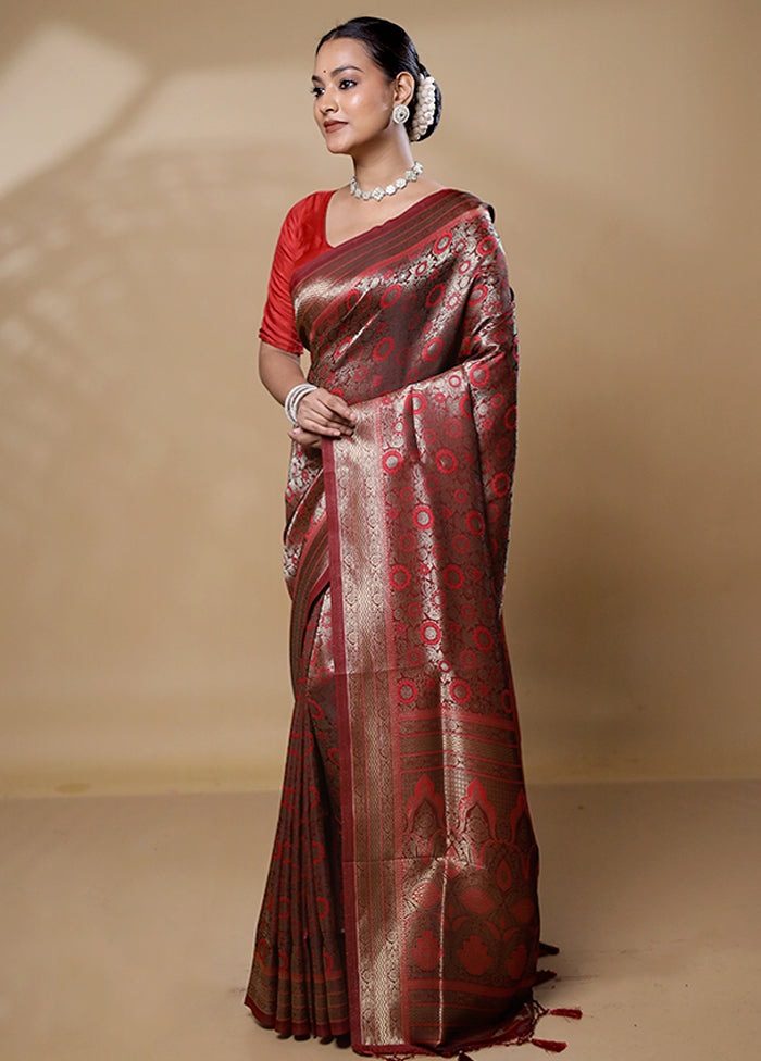 Maroon Dupion Silk Saree With Blouse Piece