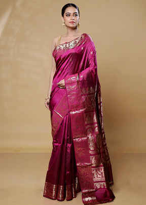 Purple Handloom Baluchari Pure Silk Saree With Blouse Piece