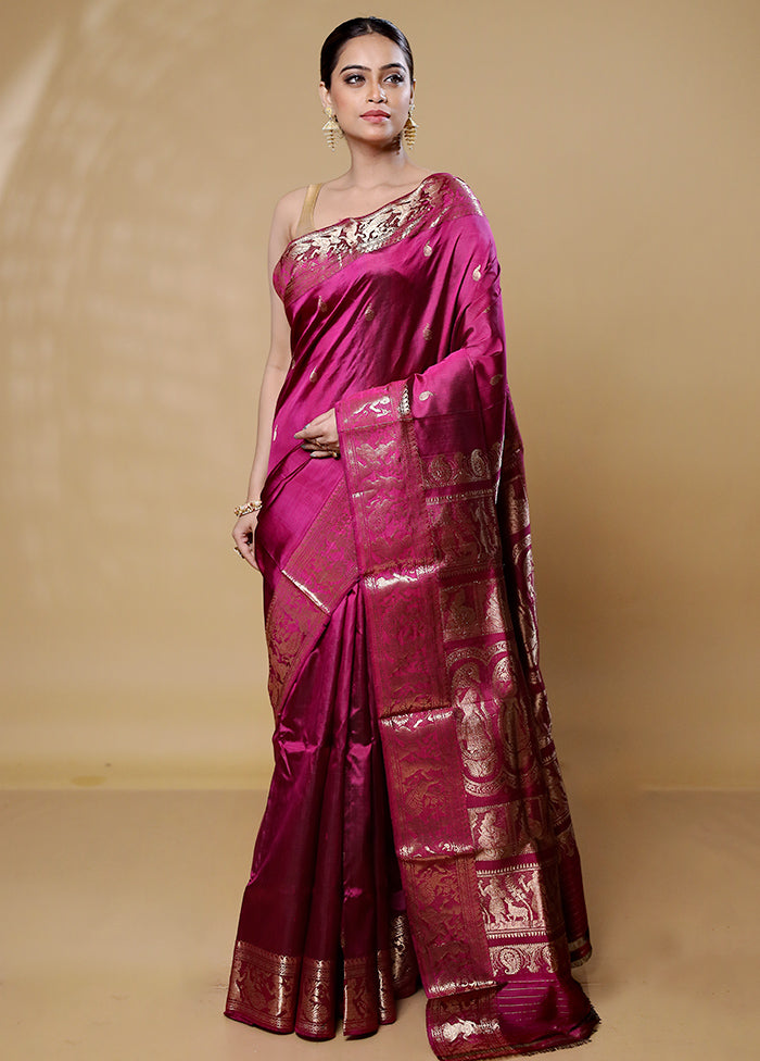 Purple Handloom Baluchari Pure Silk Saree With Blouse Piece