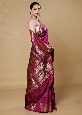 Purple Handloom Baluchari Pure Silk Saree With Blouse Piece