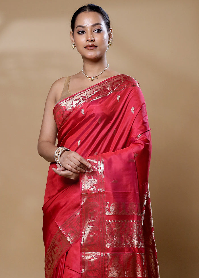 Red Handloom Baluchari Pure Silk Saree With Blouse Piece