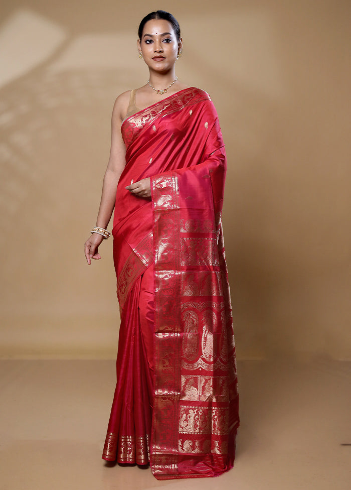 Red Handloom Baluchari Pure Silk Saree With Blouse Piece