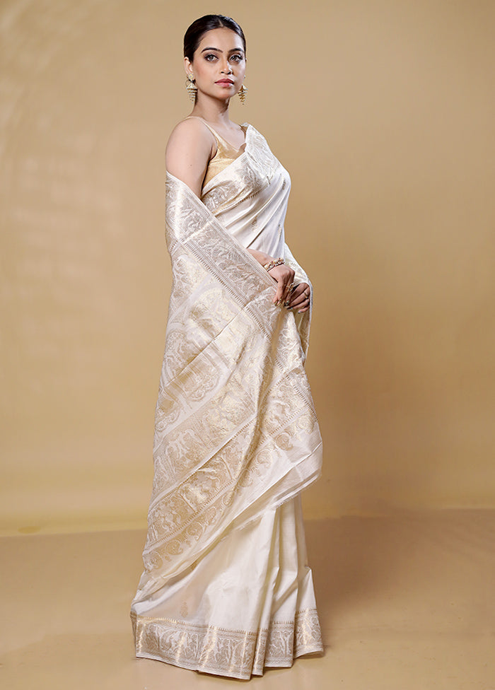 White Handloom Baluchari Pure Silk Saree With Blouse Piece