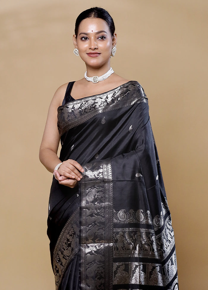 Black Handloom Baluchari Pure Silk Saree With Blouse Piece